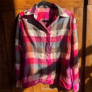 Silk plaid button up pink brown grey white